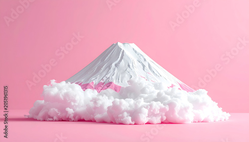 Minimalist Fuji Mountain with Fluffy Clouds on Pink Background.