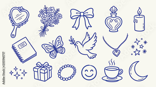 Collection of cute hand-drawn doodle icons representing beauty, love, and celebration.