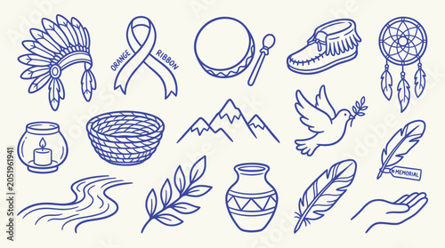 Photos Collection of Indigenous cultural symbols and elements, including a headdress, dreamcatcher, and peace dove