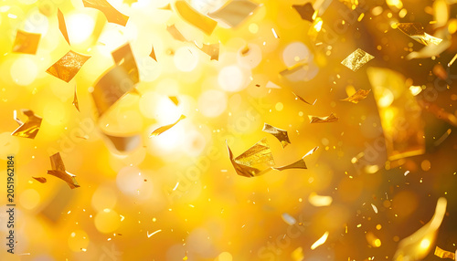 Golden Confetti Falling Down in Bright Sunlight Celebration.