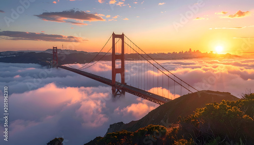 Golden Gate Bridge Emerging from Fog at Sunrise.