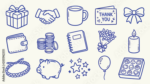 A collection of hand-drawn icons representing gifts, finance, celebrations, and appreciation.