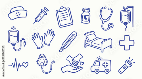 Foto Collection of hand-drawn medical icons representing healthcare and emergency services