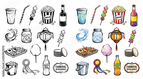 Schilderij op canvas Collection of carnival food and drink illustrations, including popcorn, cotton candy, skewers, and beverages, presented in both sketch and color versions