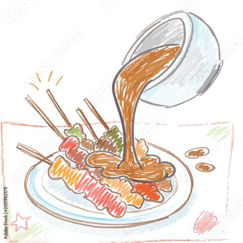 Colored pencil sketch of pouring peanut sauce over chicken satay skewers.
