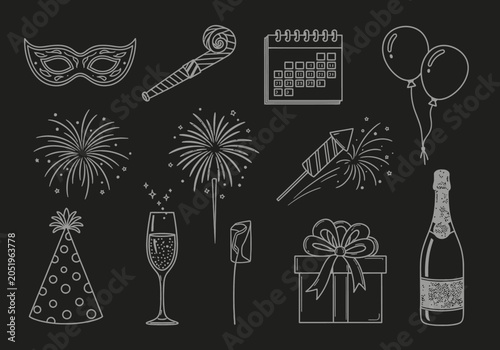 Photography New Year's Eve and Birthday Celebration Party Elements Hand-Drawn Chalkboard Doo