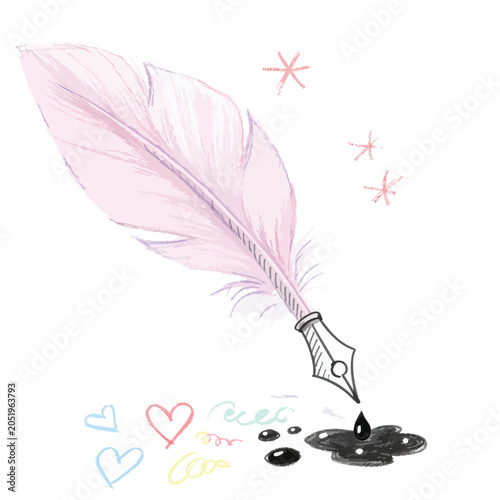 Vintage pink quill pen drawing with ink and colorful hearts.