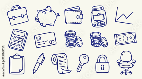 Collection of hand-drawn business and finance icons in blue ink on a cream background.