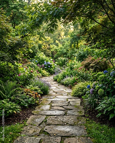 Beautiful Stone Path Through a Lush Summer Garden with Blooming Flowers