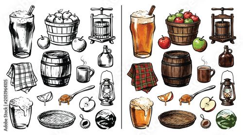 Photos Collection of illustrations depicting apple cider making process and its final products