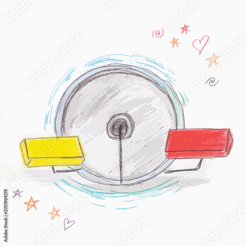Hand drawn illustration of a hamster wheel with yellow and red platforms.