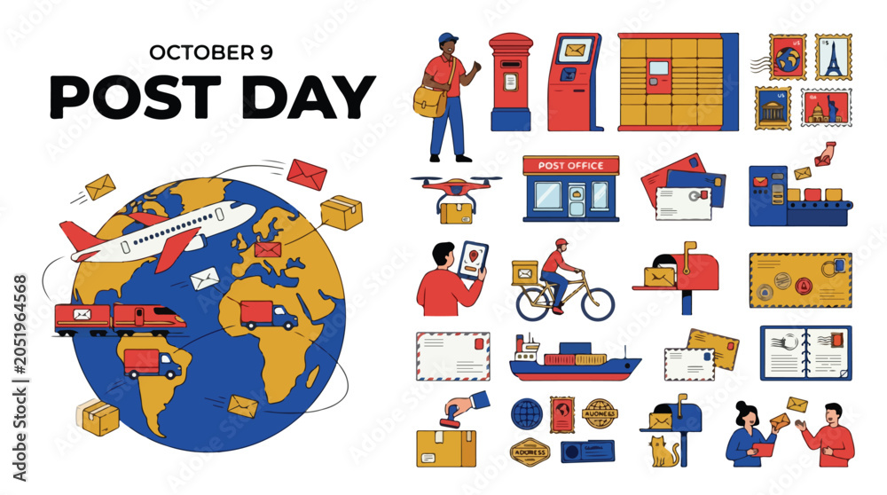 Naklejka premium World Post Day October 9 vector illustration set, global mail delivery service icons, postal logistics and shipping elements collection