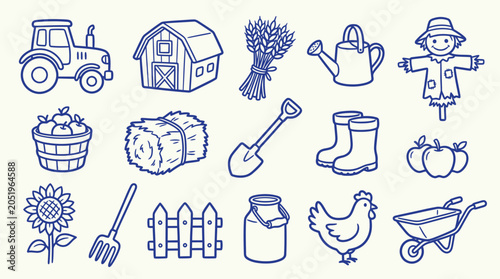 Quadro su tela Collection of farm-related icons and illustrations, including a tractor, barn, scarecrow, and various farming tools and produce