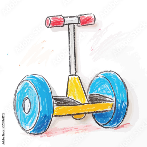A colorful hand drawn sketch of a self balancing electric scooter.