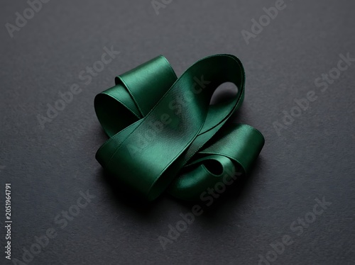 Elegant Coiled Emerald Green Satin Ribbon on a Dark Background