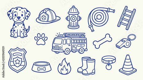Fotografía Collection of cute cartoon fire station and dog-related icons for children's design