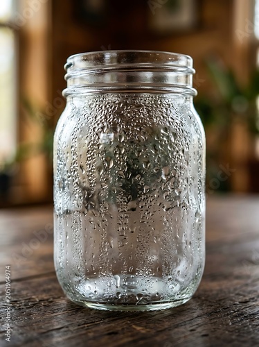 Empty glass mason jar with water condensation on rustic wooden table