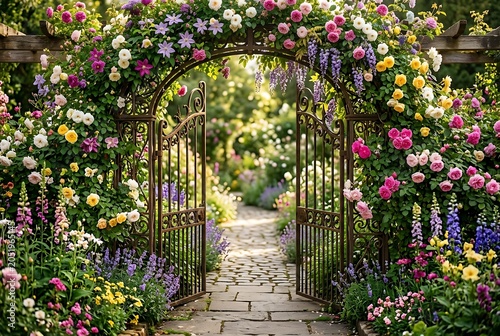 Enchanting cottage garden entrance with open iron gate and blooming flower arch