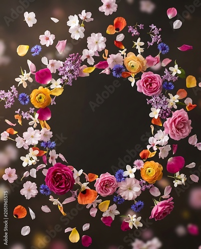 Floral Frame with Various Spring Flowers and Petals on Dark Background