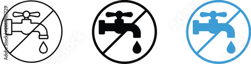 Foto No water sign icon featuring tap with cross line, absence of water symbol, dry condition indicator, and liquid shortage concept representing lack of water access