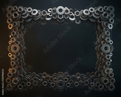 Industrial frame made of metal nuts and washers on dark background