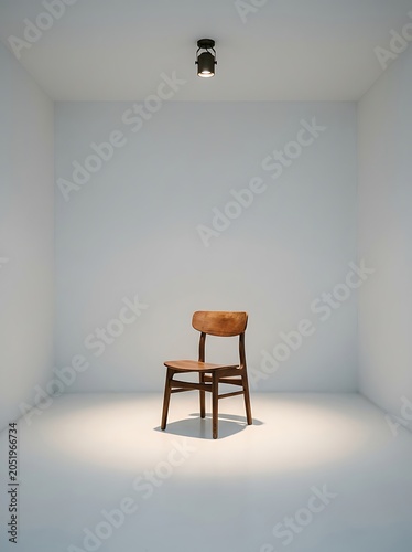 Minimalist wooden chair under bright spotlight in a white empty room