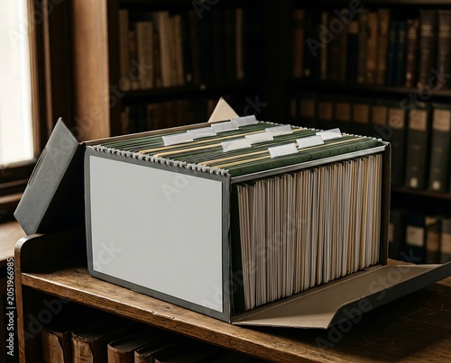 Organized archive file box with folders in a library setting
