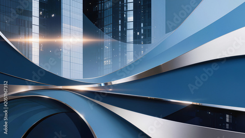Abstract corporate background, geometric layers and smooth curves, professional business atmosphere, blue and silver color palette, modern company presentation design,