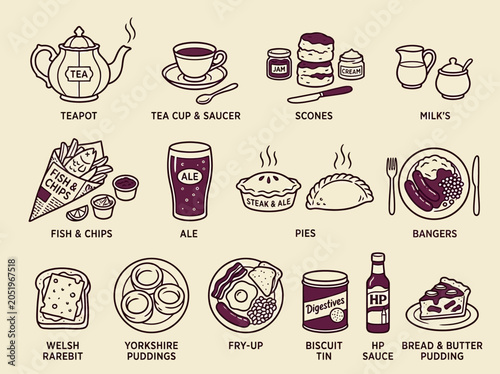 British Food and Cuisine Icon Set: Hand-Drawn Traditional UK Dishes and Drinks