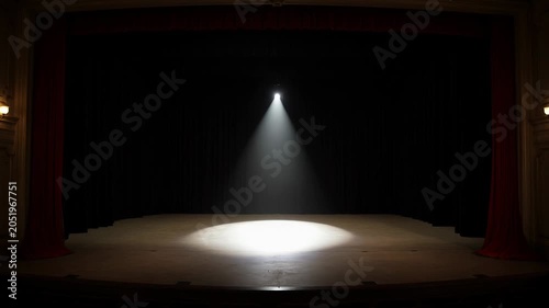 Stage spotlight illuminating empty theater with red curtains