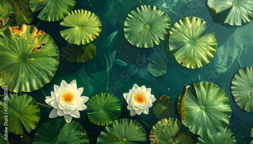 Serene Water Lilies Floating on Tranquil Pond Surface.