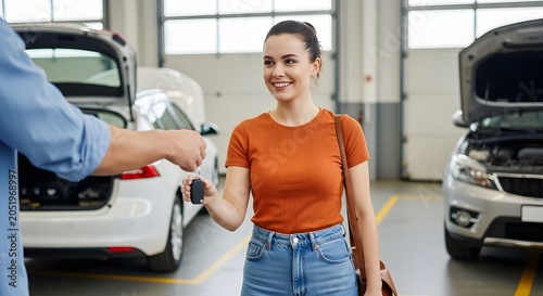 Smiling young woman receiving car keys from a mechanic at an auto service station.