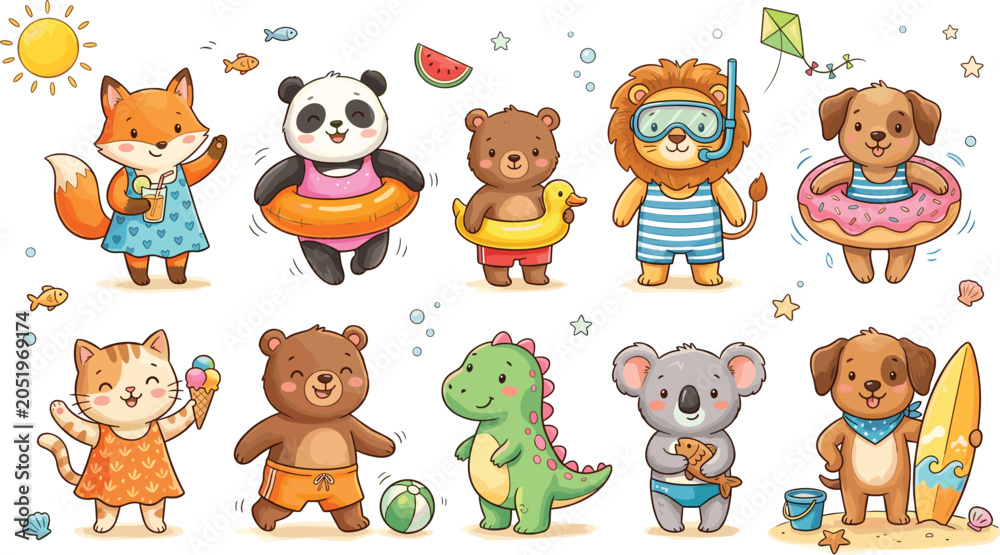 Obraz premium Cute Summer Animal Clipart Vector Set with Cartoon Fox Panda Bear Lion Dog Cat Dinosaur and Koala Enjoying Beach Activities and Holidays