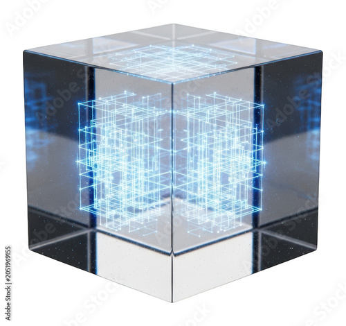 Futuristic glass cube with glowing blue tech digital circuit patterns isolated transparent background image