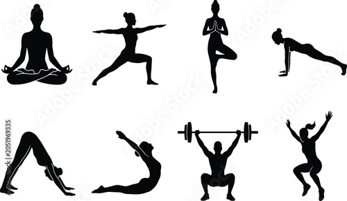 Konstfotografi Yoga poses and fitness workouts silhouette set featuring meditation lotus tree p