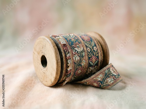 Vintage Floral Jacquard Ribbon on Antique Wooden Spool