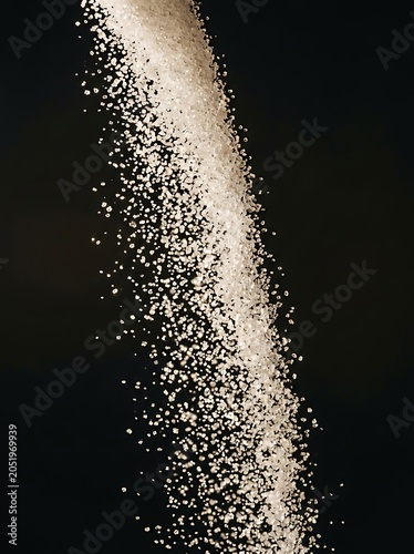 White sugar crystals falling against a black background macro shot