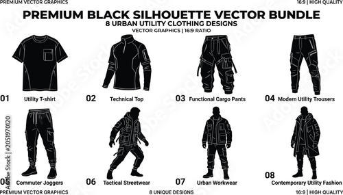Foto Urban utility clothing vector silhouettes bundle featuring technical streetwear