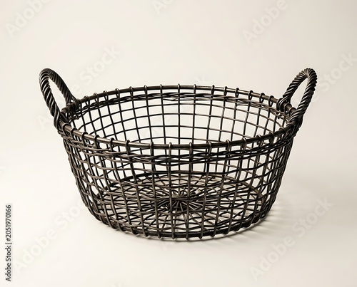 Rustic Dark Metal Wire Basket with Handles on White Background
