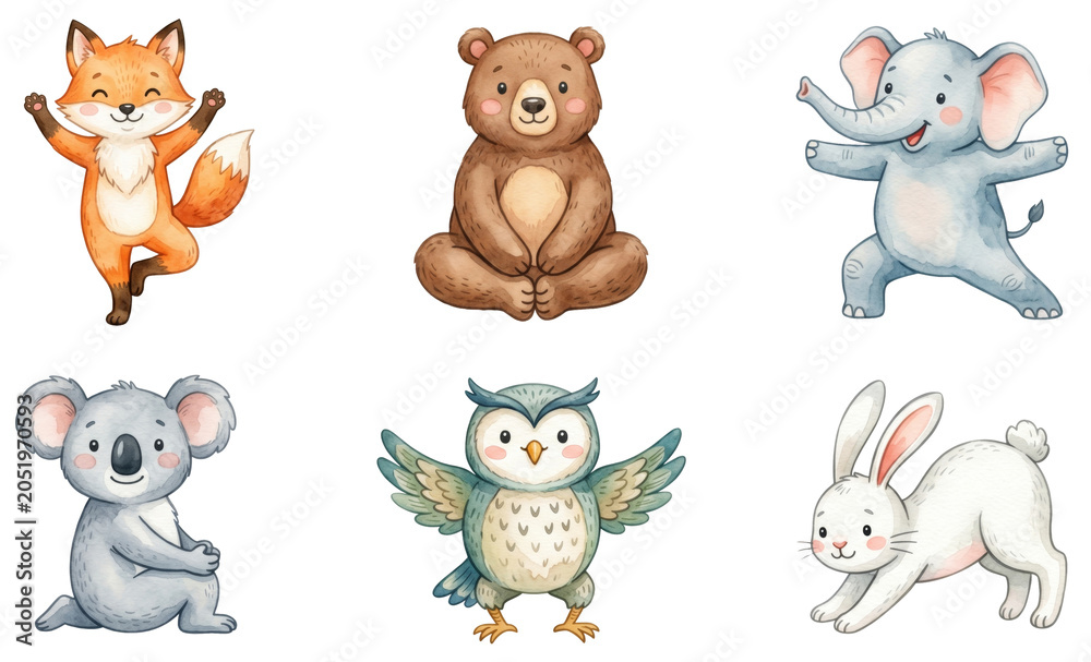 Fototapeta premium cute watercolor woodland and wild animal yoga set with fox (vulpes vulpes) bear (ursidae) elephant (elephantidae) koala (phascolarctos cinereus) owl (strigiformes) and rabbit (leporidae)