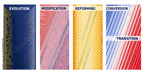 Geometric pattern designs with bold typography showcasing evolution modification reforming conversion and transition abstract art arrangement
