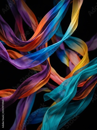Vibrant Abstract Flowing Silk Fabrics Swirling Against Black Background