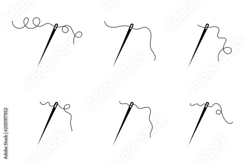 Photography Minimalist needle set with flowing thread in curvy red and black line vector