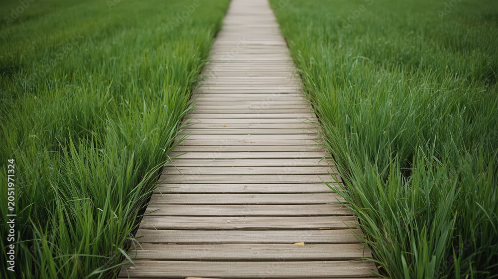Obraz premium Wooden boardwalk green grass path leading forward calm nature scene