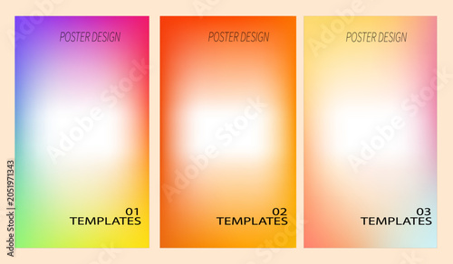 Three vertical poster templates with vibrant orange and pink gradient backgrounds and soft light effects