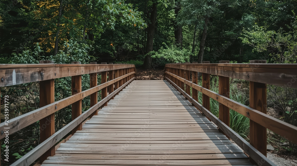 Obraz premium Wooden bridge forest pathway wooden planks railing nature trail tranquil walk