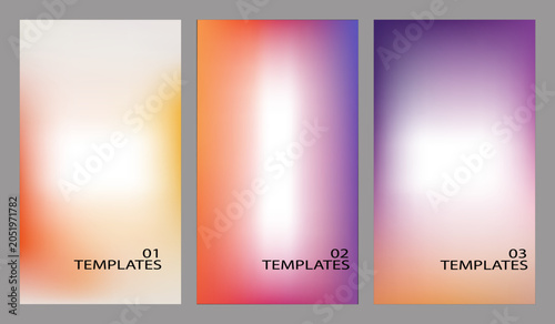 Three vertical poster templates with warm and cool gradient backgrounds featuring soft light effects layouts