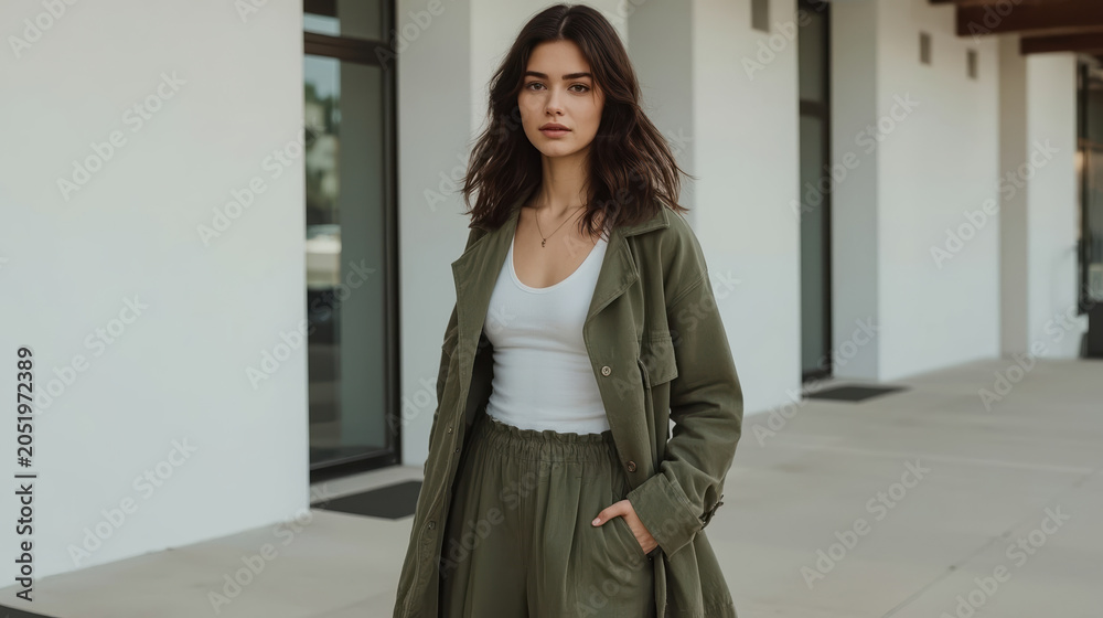 Obraz premium Young woman in olive jacket and pants walking outdoors with confident expression