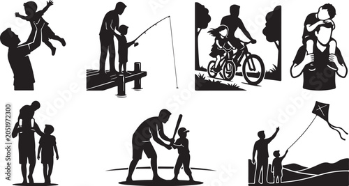 Black silhouette icons, people outdoor activities, father son moments, recreational fun
