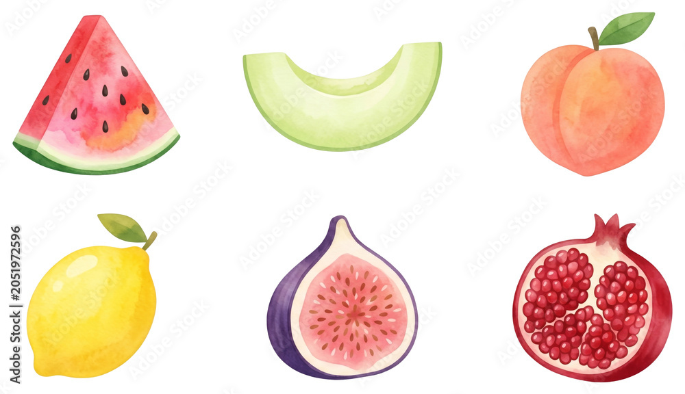 Obraz premium watercolor summer fruit set with watermelon (citrullus lanatus) melon (cucumis melo) peach (prunus persica) lemon (citrus limon) fig (ficus carica) and pomegranate (punica granatum)